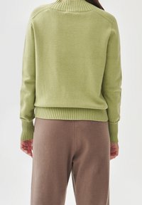 Hellgrüner Strickpullover mit geripptem Kragen und Bündchen, getragen über braunen Hosen. Die Textur ist glatt, mit einem lockeren Schnitt und dezenten Nähten.