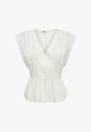 Witte mouwloze blouse met V-hals, knopen vooraan, verticale plooien en een getailleerde taille die een uitlopende zoom creëert.