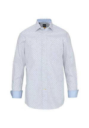 Camicia da uomo bianca a maniche lunghe con piccolo motivo geometrico blu scuro e colletto interno e polsini a contrasto di colore azzurro.