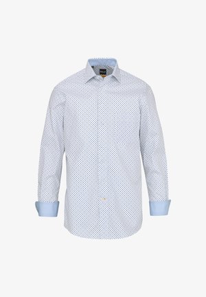 Weißes Herrenhemd mit langen Ärmeln, versehen mit einem kleinen dunkelblauen geometrischen Muster sowie einem hellblauen Kontrast im Innenkragen und an den Manschetten.