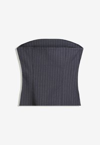 Corset bleu foncé à rayures avec un design structuré, une texture lisse et un décolleté droit. Pas de matériel ou d'ornements visibles.