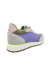 Footwear featuring a mix of lavender, grey, and green materials with a textured upper, white laces, and a lightweight sole.