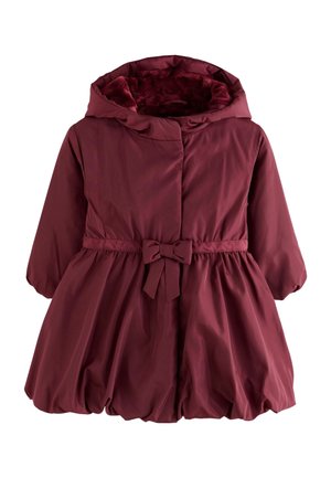 Manteau d'hiver enfant bordeaux avec capuche, ceinture à nœud et jupe froncée, doté d'une doublure douce en peluche à l'intérieur de la capuche.