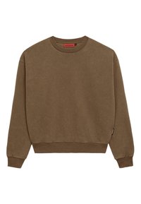 Sweatshirt brun, confecționat dintr-un material moale, având guler rotund, manșete și tiv cu nervuri, cu un mic etichet pe lateral. Design minimalist.