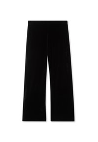 Czarne spodnie o szerokich nogawkach wykonane z gładkiego, miękkiego weluru. Posiadają wysoki stan i jednolity kolor z lekkim połyskiem. Brak widocznych wzorów.