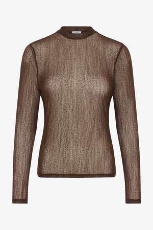 Braunes Langarmoberteil aus transparentem Stoff mit strukturiertem Muster. Mit hohem Ausschnitt und figurbetonter Silhouette.