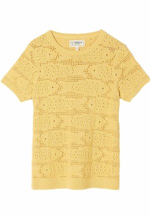 Pulover galben cu mâneci scurte din tricot cu un model detaliat ajurat și decolteu rotund, manșete și margine tip rebrodare.