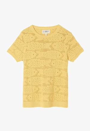 Gelber kurzärmeliger Strickpullover mit aufwändigem Lochmuster sowie geripptem Rundhalsausschnitt, Bündchen und Saum.