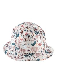 Baumwollhut in Form eines Eimers mit einem bunt gemusterten Design aus Tieren und Pflanzen, breiter Krempe und weicher, strukturierter Oberfläche.