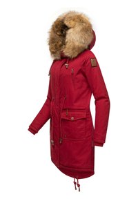 Red parka with faux fur hood, front zipper, drawstring waist, and multiple pockets. Features textured fabric and leather accent logo.