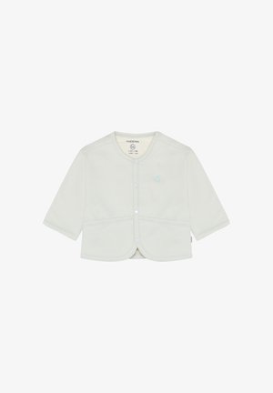 Lysegrå kort babycardigan med lange ærmer, rund hals, trykknapper foran og lille æblelogo på brystet.