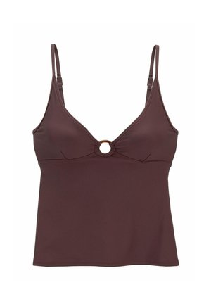 Braunes kurzes Tanktop mit dünnen verstellbaren Trägern und kleinem rundem Ringdetail in der Mitte des vorderen Halsausschnitts.