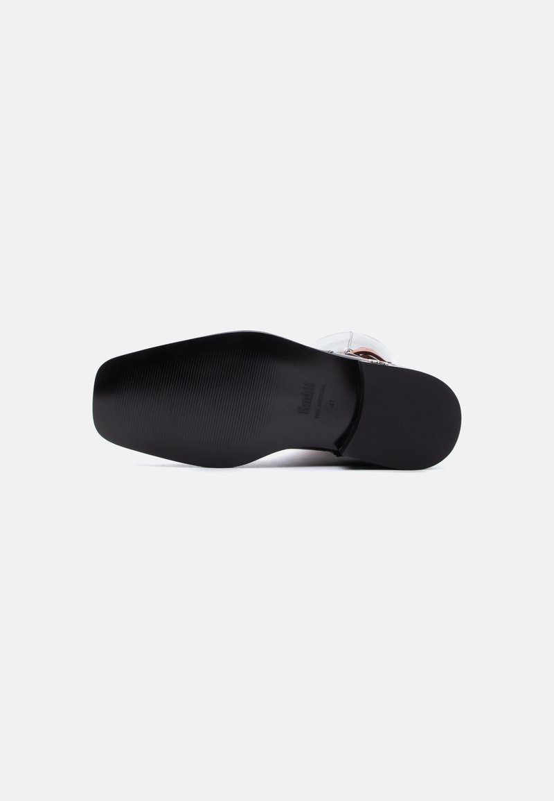 Sole view of a black dress shoe with a smooth heel and textured grip area on a plain white background.