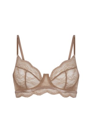 Kanten bralette in nude kleur, met zachte cups, getande randen, verstelbare bandjes en een doorschijnend mesh ontwerp. Soepele onderband voor ondersteuning.