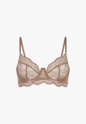 Bralette in pizzo color nudo, con coppe morbide, bordi smerlati, spalline regolabili e design in mesh trasparente. Fascia inferiore liscia per supporto.