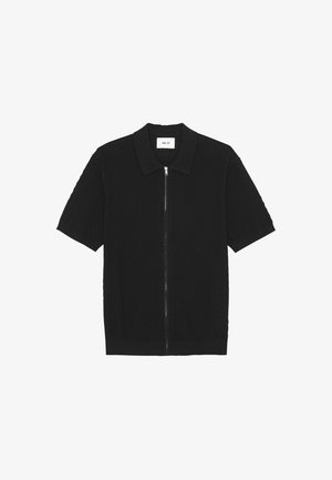 Sort kortærmet strikket skjorte med krave og lynlås foran, tekstureret stof samt ribbede kanter ved kant og ærmekanter.