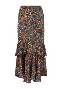 Gonna midi a campana con vita elasticizzata, realizzata in tessuto leggero e con un vivace motivo astratto multicolore in arancione e blu.