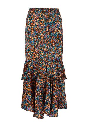 Rozkloszowana spódnica midi z elastycznym paskiem w talii, wykonana z lekkiego materiału, ozdobiona żywym, wielokolorowym wzorem abstrakcyjnym w odcieniach pomarańczowego i niebieskiego.