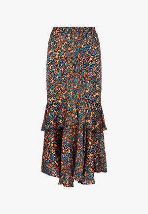 Rozkloszowana spódnica midi z elastycznym paskiem w talii, wykonana z lekkiego materiału, ozdobiona żywym, wielokolorowym wzorem abstrakcyjnym w odcieniach pomarańczowego i niebieskiego.
