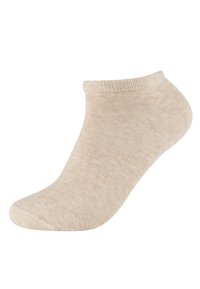 Calzino beige alla caviglia realizzato in morbido tessuto lavorato a maglia. Presenta una texture liscia e un polsino a coste. Punta arrotondata e dettagli di cucitura minimali.