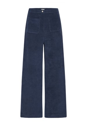 Pantalon large en velours côtelé bleu marine avec poches plaquées à l'avant et fermeture par bouton à la taille.