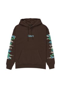 Bruine katoenen hoodie met een voorzak en kleurrijke grafische ontwerpen op beide mouwen, met blauwe en groene elementen.