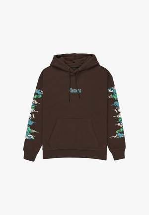 Hnědá bavlněná mikina s kapucí, s přední kapsou a barevnými grafickými návrhy na obou rukávech, obsahující modré a zelené prvky.