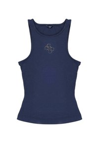 Marineblauwe tanktop van ribstof, met een getailleerd ontwerp en een klein metallic logo aan de voorkant. Geen mouwen, ronde halslijn.