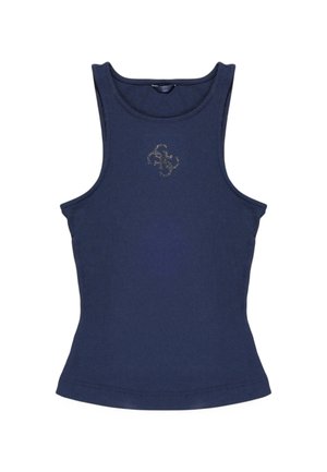 Canotta blu navy realizzata in tessuto a coste, con un design aderente e un piccolo logo metallico sulla parte anteriore. Senza maniche, scollo rotondo.