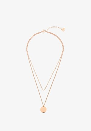 Layered necklace with two chains in rose gold. Circular pendant hangs from shorter chain. Smooth texture, delicate links, adjustable clasp.