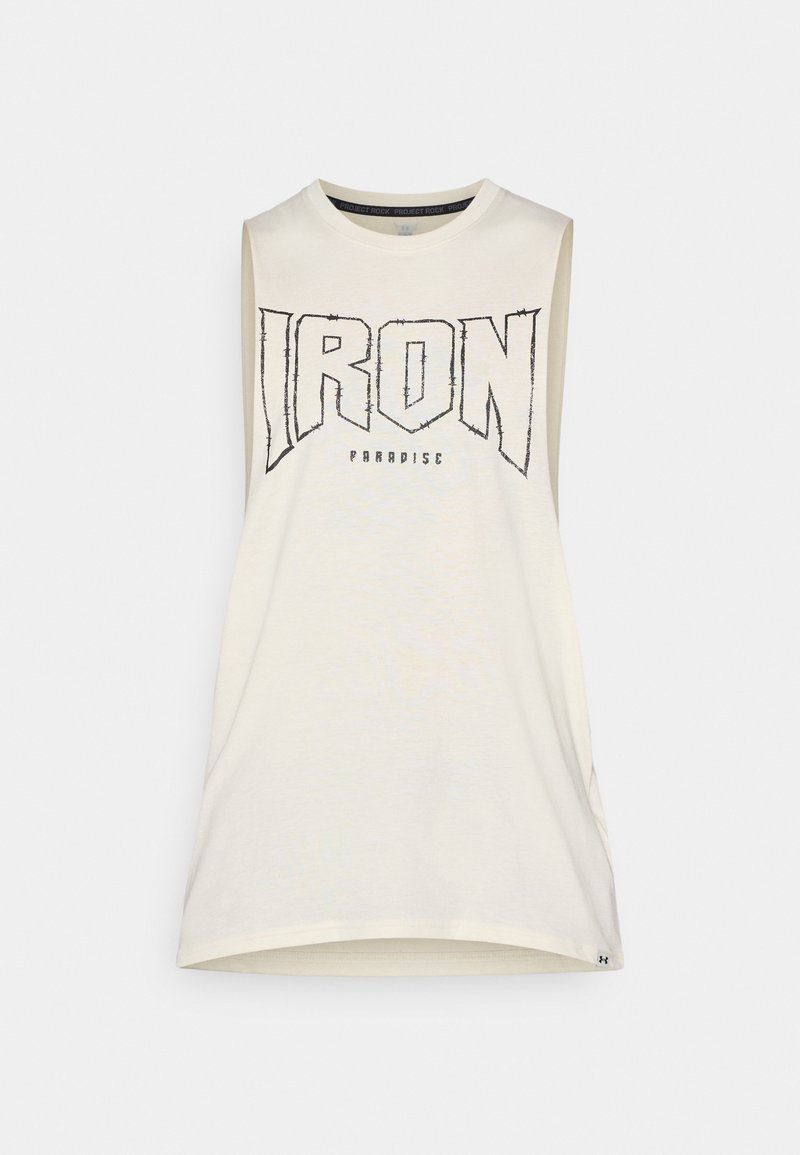 Débardeur de sport blanc avec "IRON" en grandes lettres en gras et un texte plus petit "PARADISE" en dessous à l'avant.