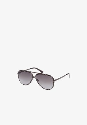 Zonnebril met een grijs gestreepte kunststof montuur, grijs-verlopen lenzen en slanke, taps toelopende pootjes. Heeft verstelbare neuspads voor comfort.