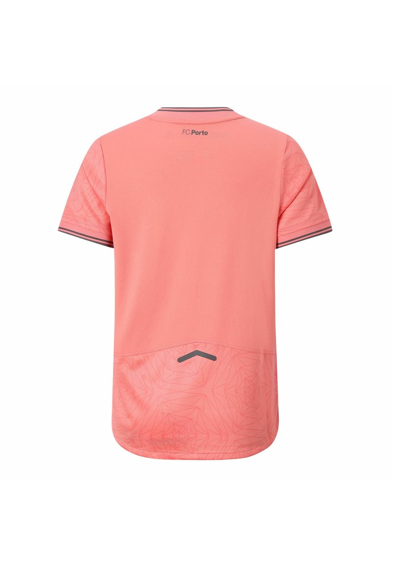 Rosa FC Porto Sporttrikot aus atmungsaktivem Stoff. Kurzärmlig, Rundhalsausschnitt, mit strukturierten geometrischen Mustern und grauen Akzenten.