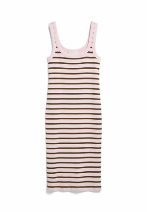Mouwloze midi-jurk met een ronde halslijn, voorzien van horizontale bruine en lichtroze strepen, platgelegd op een witte achtergrond.