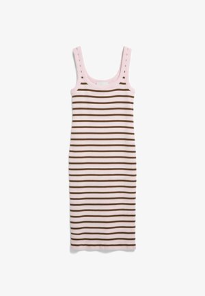 Mouwloze midi-jurk met een ronde halslijn, voorzien van horizontale bruine en lichtroze strepen, platgelegd op een witte achtergrond.