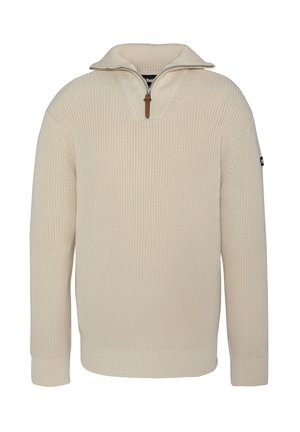 Beige strikket sweater med kvart-zip krave, ribbet tekstur og syet detaljer. Har et lille logo på venstre ærme.
