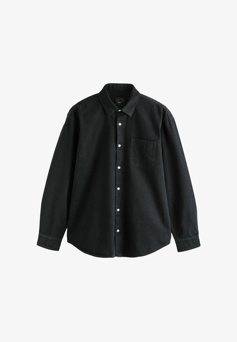 Fekete farmering hosszú ujjakkal, gombos elülső rész, egyetlen mellzseb, és klasszikus gallér. Puha tapintású, lazább fazon.