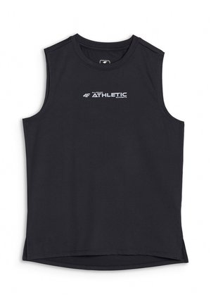 Czarna sportowa koszulka bez rękawów z okrągłym dekoltem i białym logo "4F Athletic Garments" na środku klatki piersiowej.