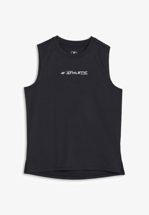 Camiseta deportiva negra sin mangas con cuello redondo y logo blanco "4F Athletic Garments" centrado en el pecho.
