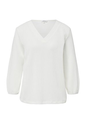 Weiße Bluse mit langen Ärmeln aus strukturiertem Stoff, V-Ausschnitt und elastischen Bündchen, hergestellt von s.Oliver.