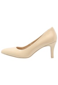 Beige lakattua nahkaa oleva keskipitkä korkokengänkorko, jossa on terävä kärki ja sileä pinta. Varustettu matalalla leikkauksella jalan paljastamiseksi ja sirolla korolla.