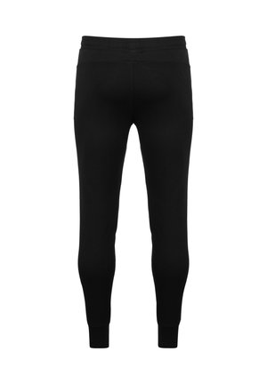 Schwarze Jogginghosen mit glatter Textur und elastischem Bund. Eng anliegende Passform mit gerippten Bündchen an den Knöcheln. Einfaches, einfarbiges Design.