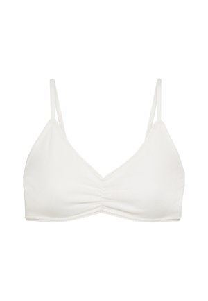 Bralette blanc avec fines bretelles, design sans coutures et centre froncé. Confectionné en tissu doux avec une texture côtelée subtile et une bordure en dentelle.