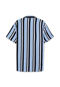 Camicetta a maniche corte con righe verticali alternate in azzurro chiaro, nero e bianco. Tessuto morbido, design del colletto e orlo dritto.