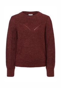 Weinroter Pullover mit strukturiertem Rippenmuster, Rundhalsausschnitt und langen Ärmeln. Verfügt über ein dezentes V-förmiges Steppmuster auf der Vorderseite.