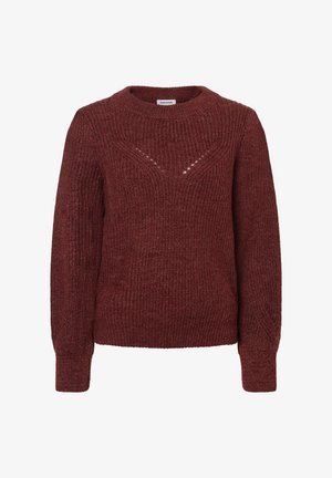 Weinroter Pullover mit strukturiertem Rippenmuster, Rundhalsausschnitt und langen Ärmeln. Verfügt über ein dezentes V-förmiges Steppmuster auf der Vorderseite.