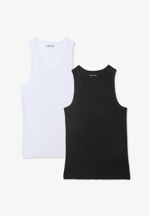 Due top in cotone morbido, uno bianco e uno nero. Presentano un collo rotondo e nessun motivo o design visibile.