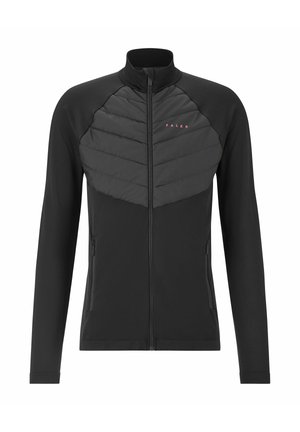 Black jacket features a zippered front, quilted padded chest, and textured sleeves. The brand "FALKE" is displayed in red across the chest.