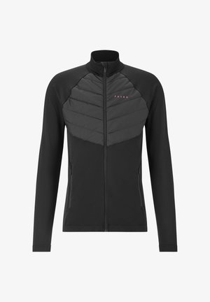Black jacket features a zippered front, quilted padded chest, and textured sleeves. The brand "FALKE" is displayed in red across the chest.