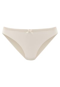 Beige alushousut, jotka on valmistettu sileästä kankaasta, ja joissa on hienostunut pitsireuna sekä pieni nauha etuosassa. Klassinen alushousumalli.